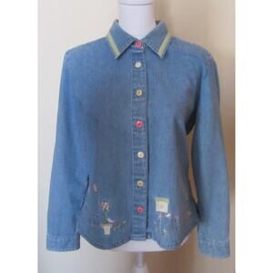 Christopher & Banks Denim Button Up Embroidered Shirt Womens M Garden Birdhouses